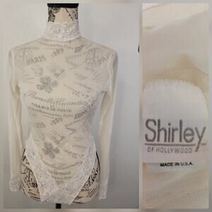 Vintage Shirley of Hollywood sheer Lace trim teddy S M Long Sleeves Bodysuit